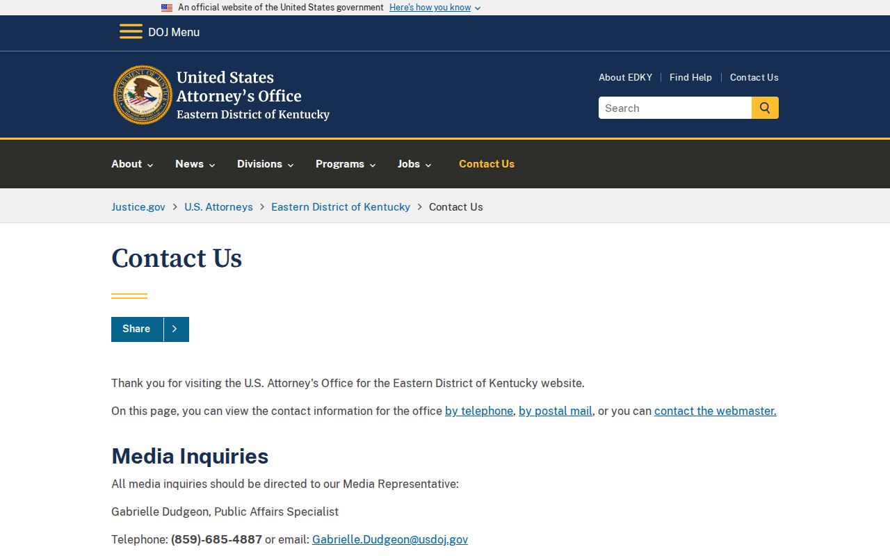 Owingsville criminal records U.S. Attorney Eastern District contact page