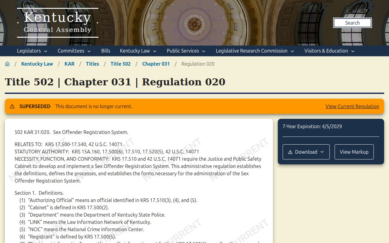 Bath County sex offender registration requirements under Kentucky regulation