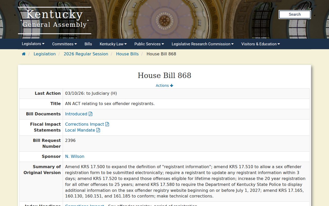 Bath County sex offender registry proposed legislation record for Kentucky HB 868