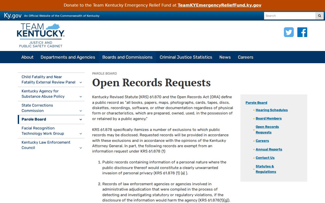 Sharpsburg criminal records Kentucky Parole Board open-records process